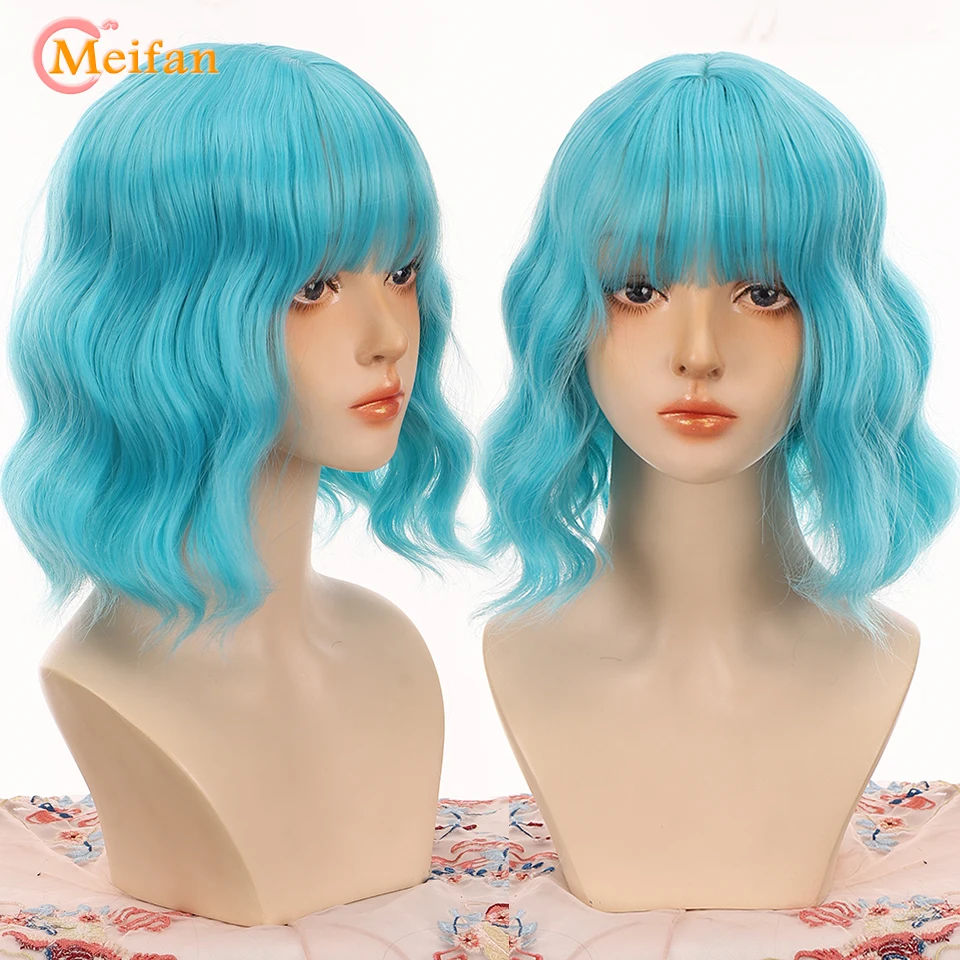 MEIFAN Short Omber Blonde Pink Wavy Bob Wig with Air Bangs Women\'s Synthetic Curly Bob Wig for Girl Colorful Cosplay Wigs