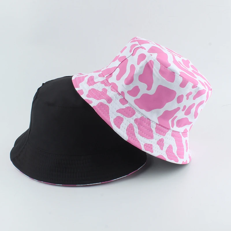 2021 Nieuwe Fashion Koreaanse Roze Koe Print Emmer Hoed Vrouwen Omkeerbare Vissen Cap Bob Chapeau Herfst Zomer