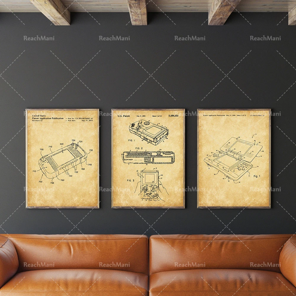 Art du jeu video, patent printing set 3. Poster, Gameboy, video game controller, player gift