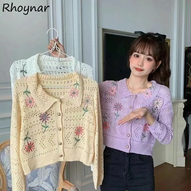 

Cardigan Women Japanese Style Vintage Summer Thin Tender Flower Embroidery Cropped Sweater Knitwear Casual Preppy Girls Sweet