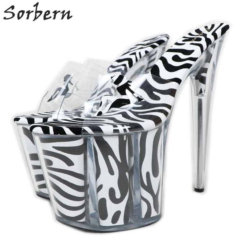 Sorbern Zebra Women Slip On Sandals Perspex High Heels 8 Inch Platform Summer Shoe Open Toe Stripper Heels For Pole Dance Party