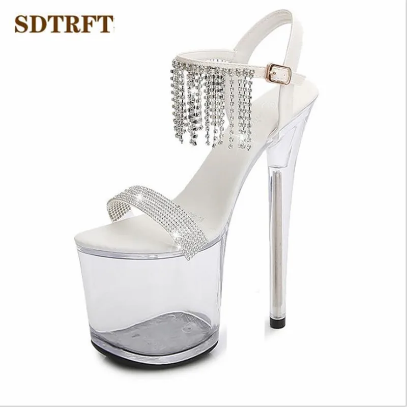 SDTFET 20cm Thin Heel Shoes diamond Tassels Sandals For Women Sandalia Ankle Strap Open Toe Fetish Ballet Pumps Drop shipping