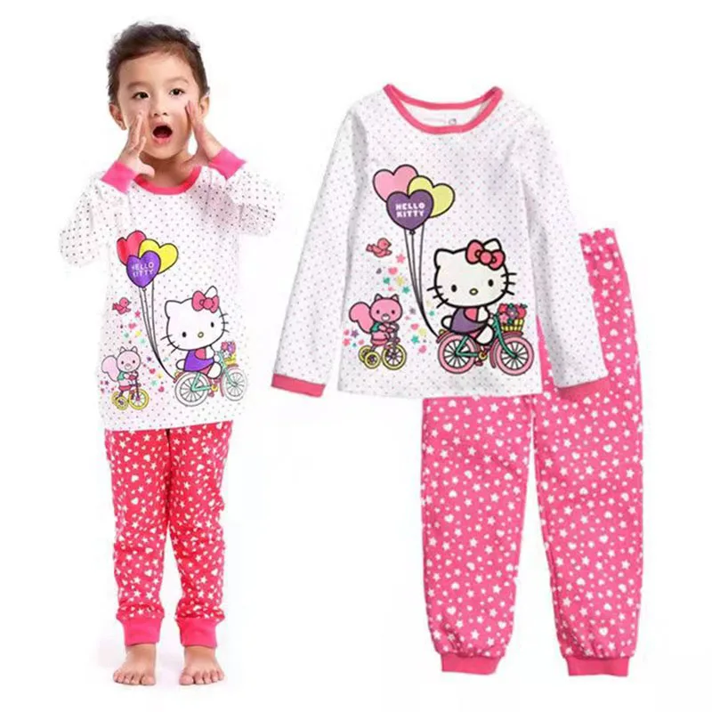 Hello Kitty Girls Spring and Autumn New Cotton Long-Sleeved Home Service Children's Cartoon T-shirt +Pants Pajamas Underwear Set