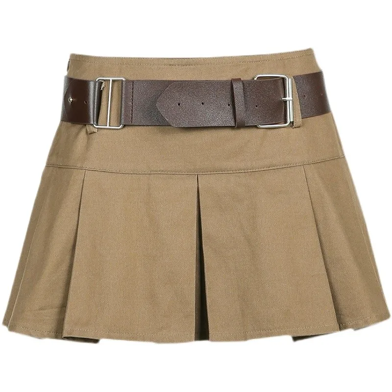 Karrram Casual Brown Pleated Mini Skirt Ladies High Waisted Short Skirts Womens With Belt Korean Fashion 90s Summer Streetwear