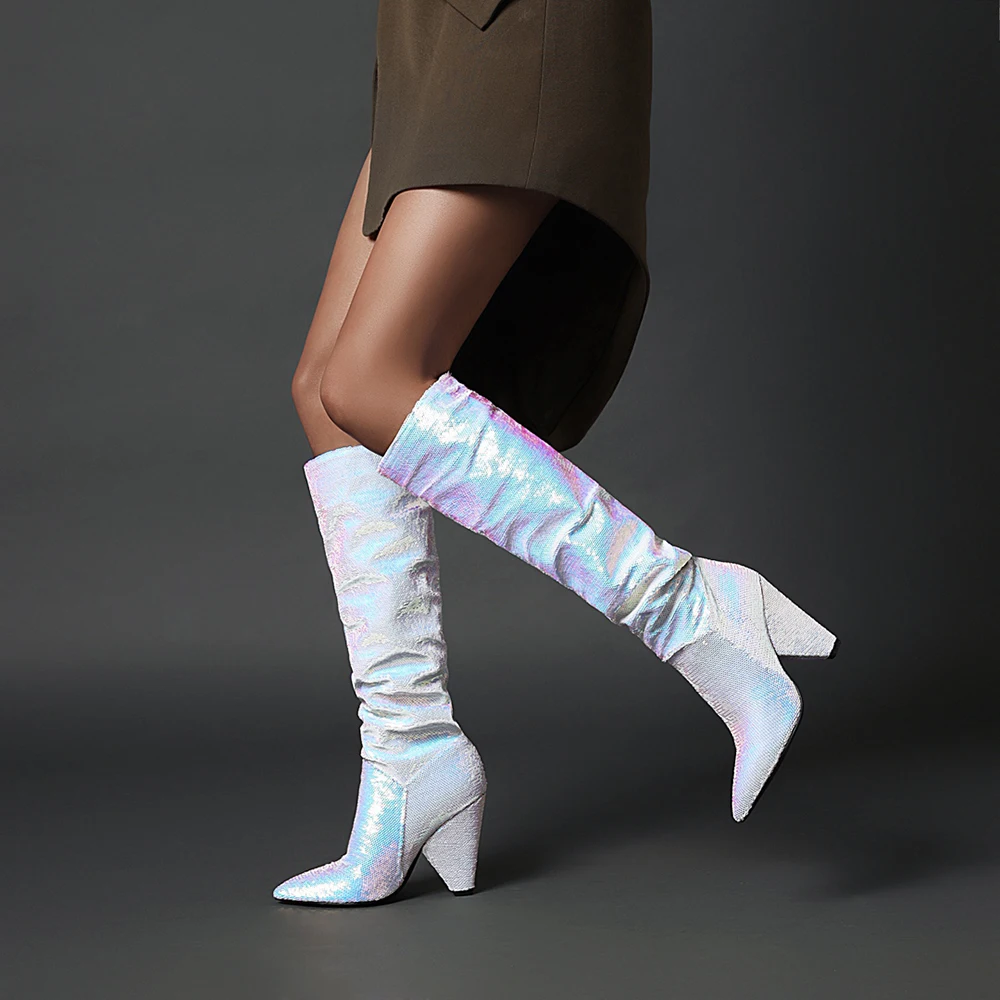 Slouch zmarszczek kobiet buty kolorowe szpiczasty nosek grube obcasy fałdy buty kobieta modne Bling skórzane buty do kolan buty zimowe