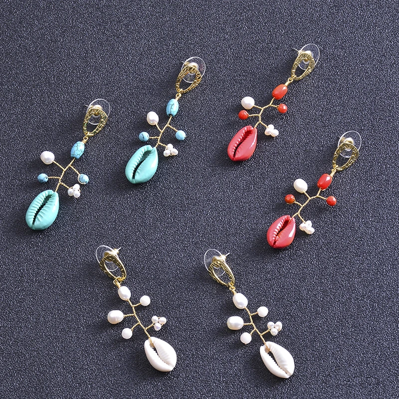 New Jewelry Gift Is Suitable For Beach Vacation. Wear 18k Gold Plated Red Coral Stone Freshwater Pearl Hand Woven Shell Earrings