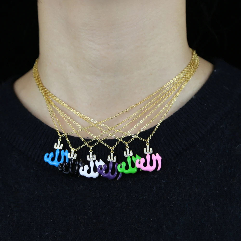 religious design jewelry gold color 6 colorful neon enamel Allah Necklace For Women