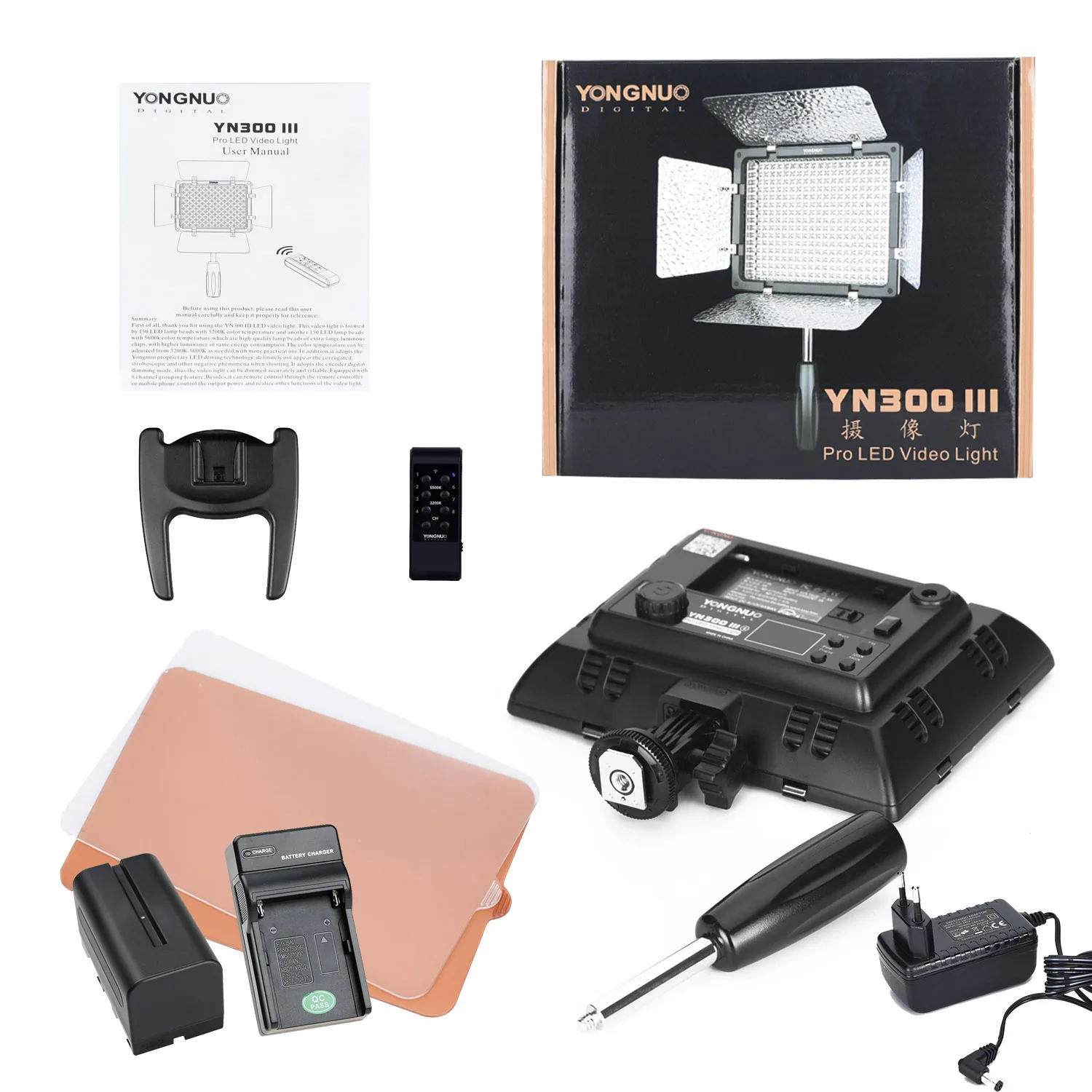 Yongnuo YN300 III YN300III 3200k-5600K CRI95 Camera Photo LED Video Light Optional with AC Power Adapter