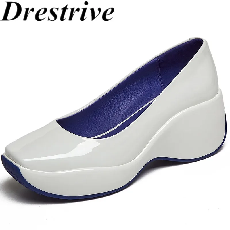 Drestrive Wedges Patent Leather 2021 Summer Classics Women Pumps Square Toe Platform Shallow White High Heel Shoes