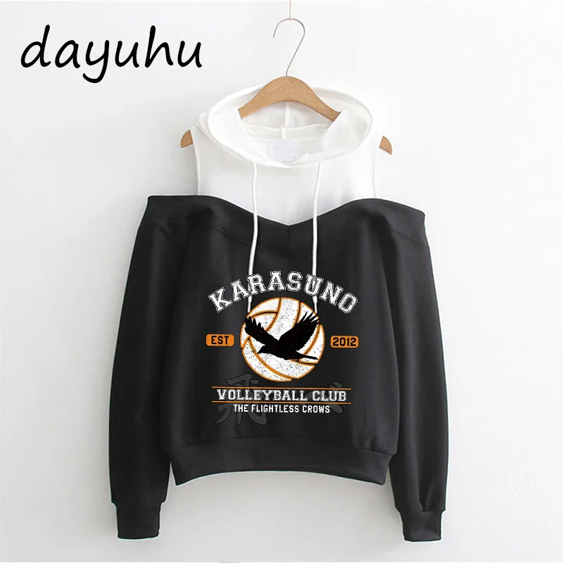 Japanese Anime Haikyuu Hoodies Off Shoulder Funny Karasuno Fly High Graphic Streetwear Winter Warm Fashion Manga Sweatshirts