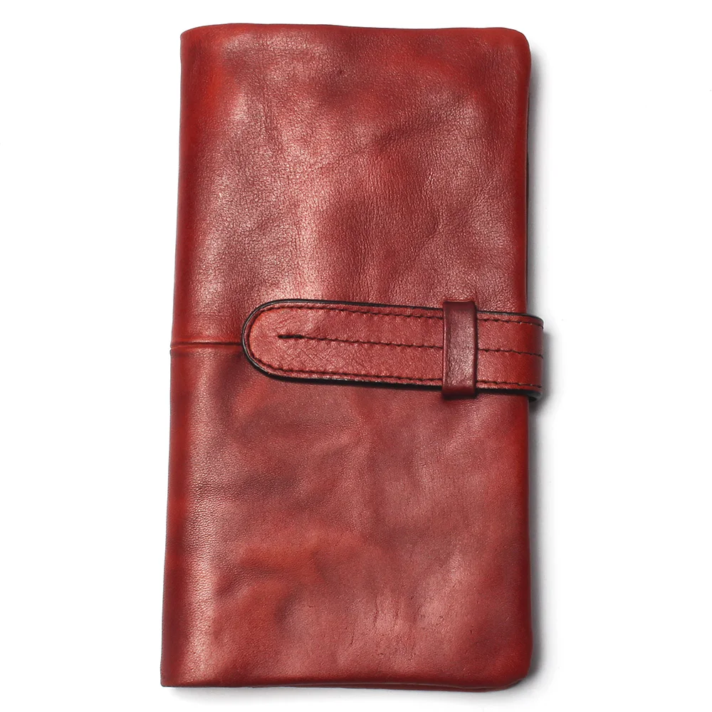 Dip Dye Handmade Long Red Wallet Genuine Leather Clutch Man Walet Brand Luxury Women Purse Wallets Coin Phone Pocket