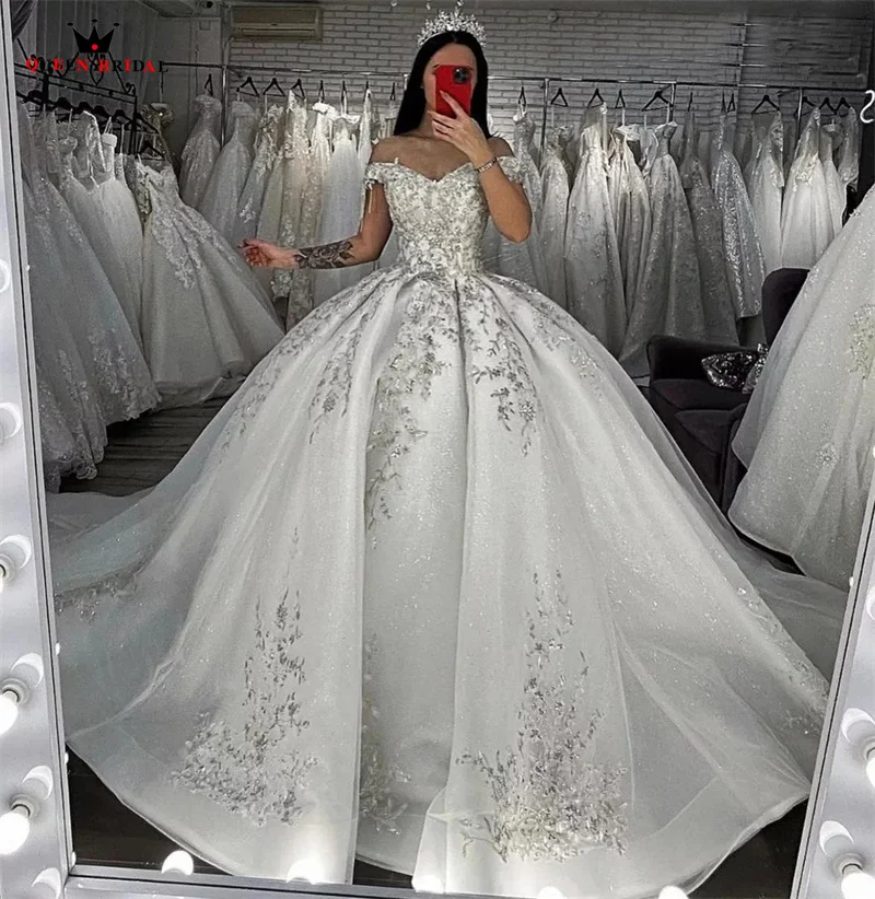 Ball Gown Puffy Skirt Wedding Dresses Sequins Tulle Lace Crystal Beading Appliques 2023 New Formal Bride Gown Custom Made JY93