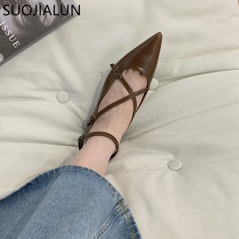 SUOJIALUN 2022 Spring Women Shallow Women Flats Shoes Pointed Toe Soft Leather Flat Ballerinas Ladies Elegant Dress Balltes