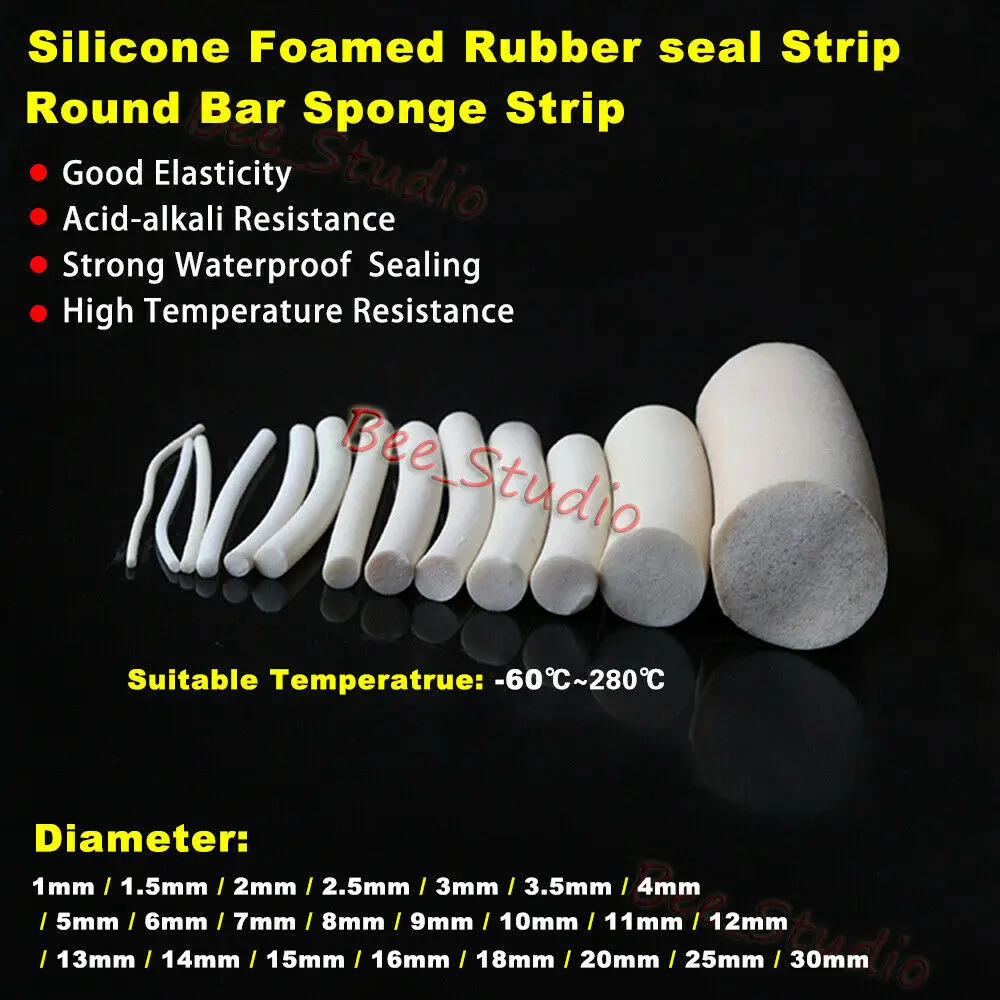 Waterproof  Foamed Silicone Rubber Seal Strip Silicon Sponge Cord Round Solid VMQ Foaming Cord Dia.1/2/3/4/4.5/5/6/7/8/9/10-30mm