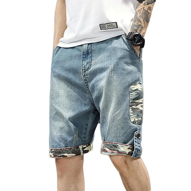 Idopy Mens Summer Retro Denim Shorts Male Faded Vintage Scratched Street Casual Patchwork Style Biker Jeans