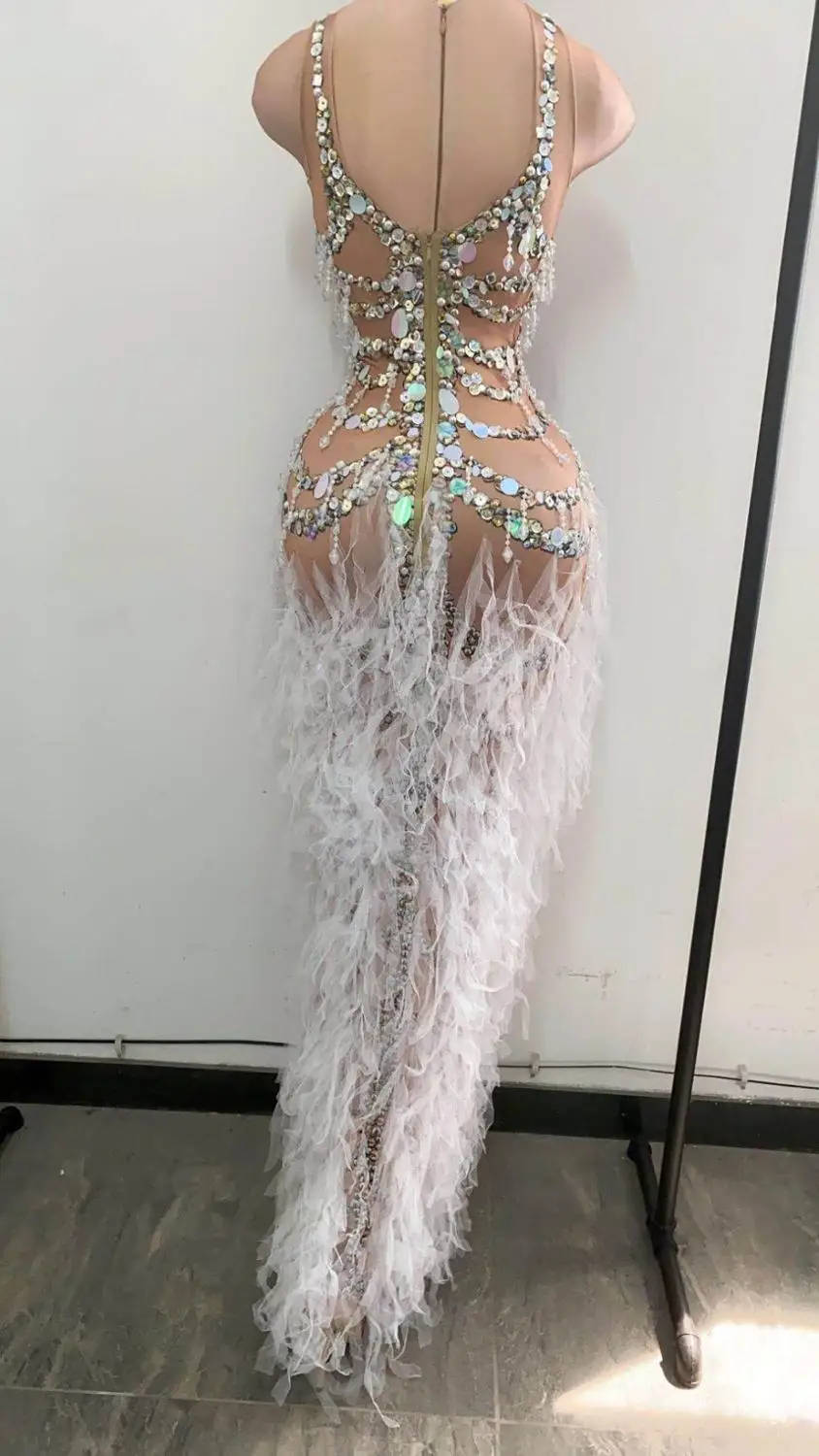 Sexy Women Party girl Club Dress Nude Tassel Crystal Bodycon Dress High Slit Singer Rhinestone Dress Stage Outfits