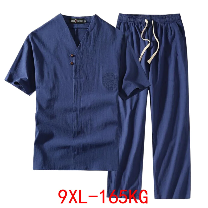 Men\'s Clothing Large Size Tracksuit Husband 2021 Summer Suit Linen t-shirt Fashion Male Set Chinese Style 8XL 9XL plus Two Piece