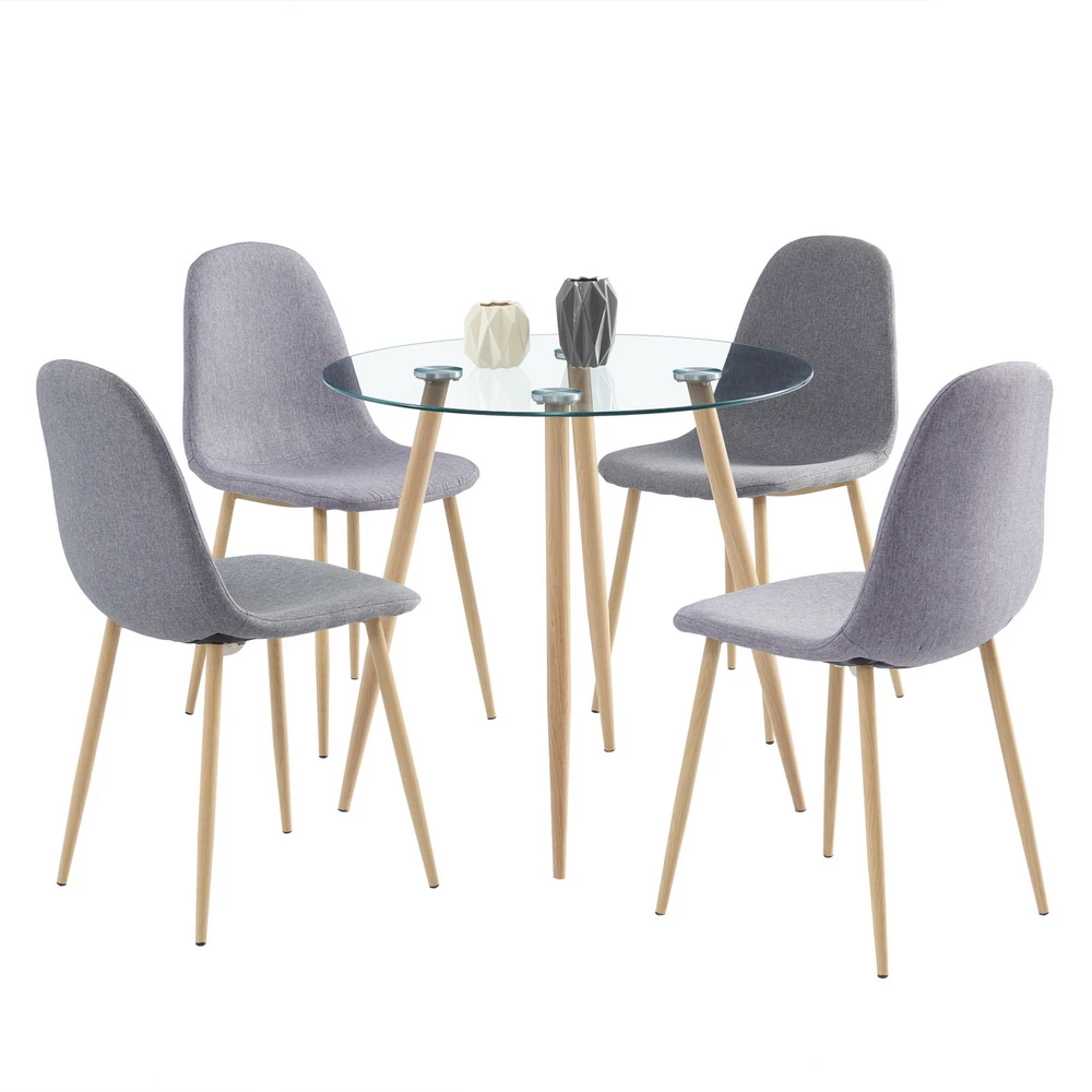 Dining Table Chairs Set Include 1 Round Glass Dining Table + 4 Modern Style Simple Dining Chair Imitation Wood Grain Legs[US-W]