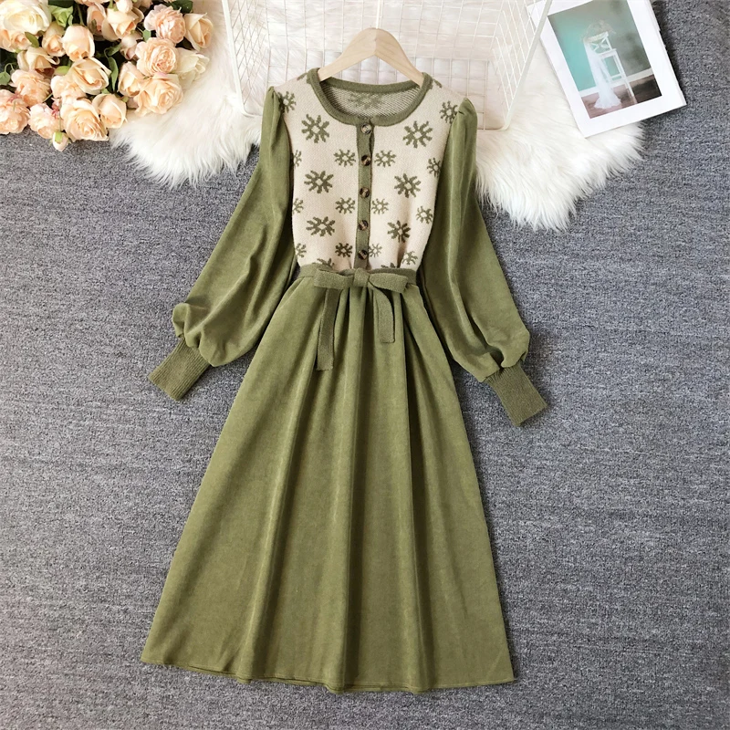 

Corduroy Knitted Stitching Women's Dress Long Sleeve One Piece Korean Chic Ladies Vestido Feminino autumn winter dress 2022