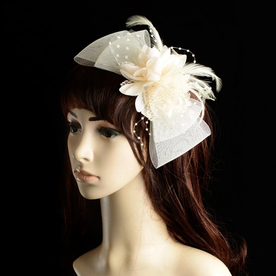 

New Bow Feather Headband Cheveux Yarn Flower Hat Hair band Bridal Hair Accessories Tiara De Noiva Wedding Bijoux Women head band