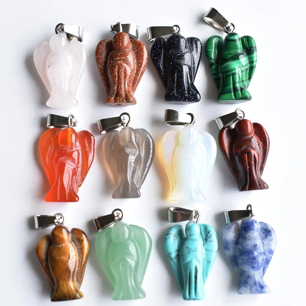 Wholesale12pcs/lot Fashion Carved Mixed natural Stone Angel charms Pendants for Necklace making jewelry  Free shipping