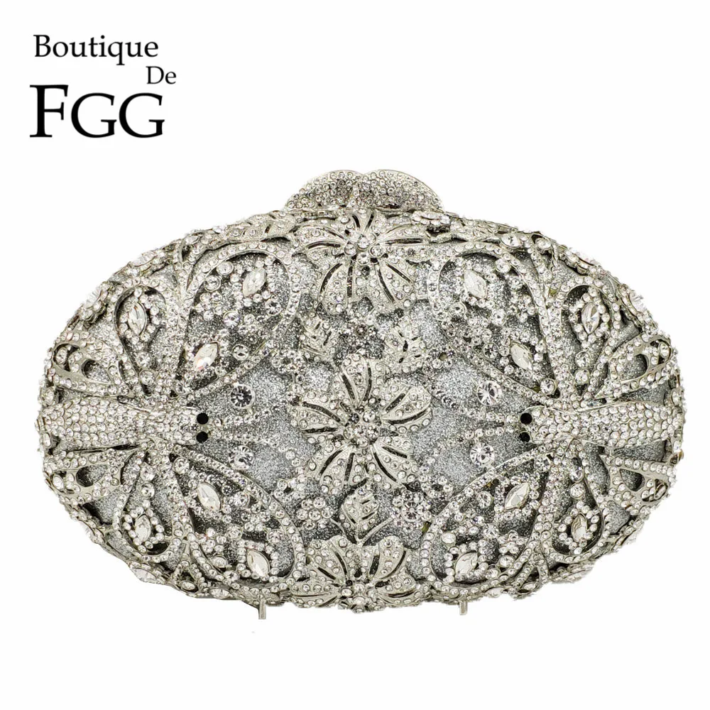 Boutique De FGG Dragonfly Pattern Women Fashion Crystal Evening Handbags and Purses Bridal Diamond Clutch Wedding Party Purse