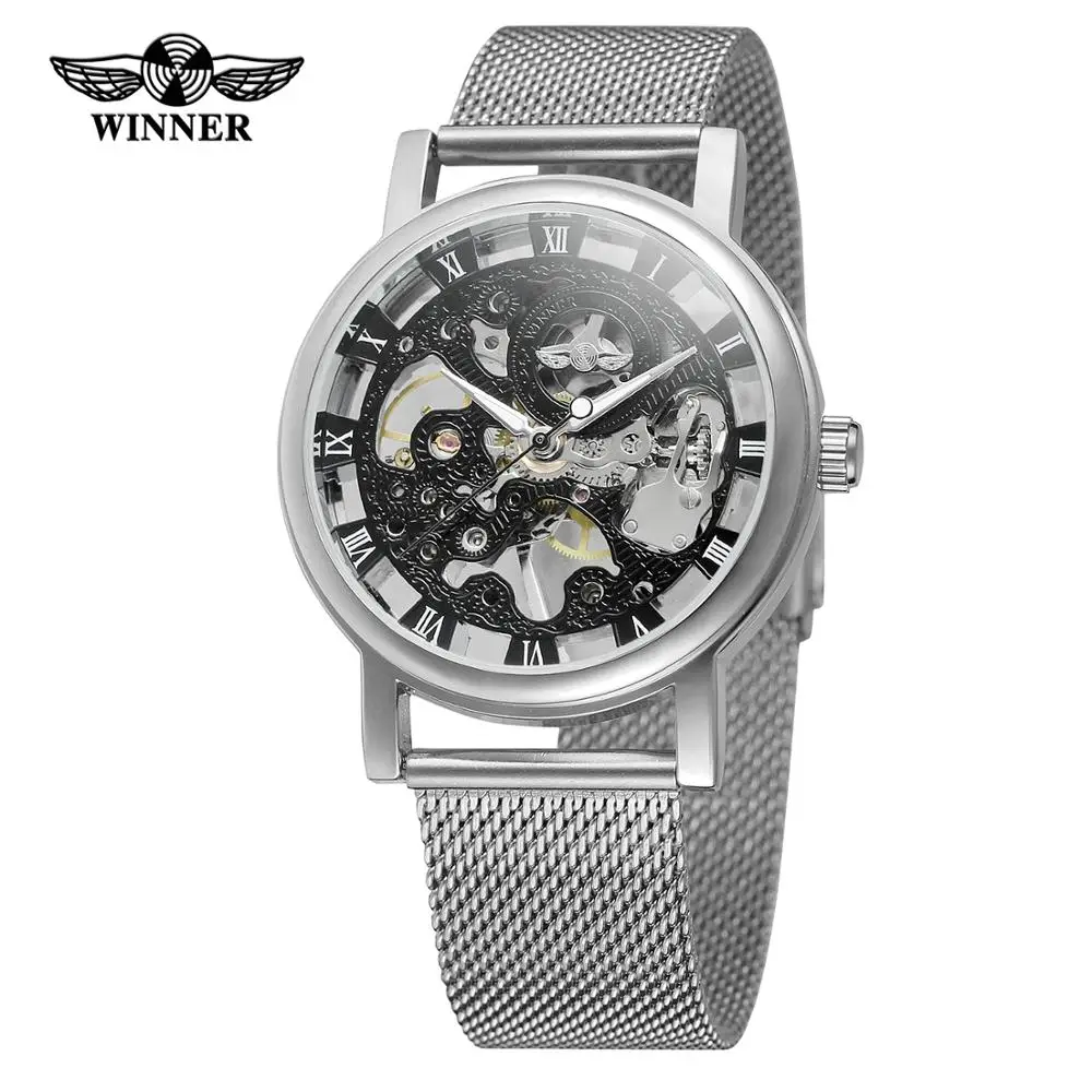 WINNER WATCH sleek minimalist silver Roman numerals dial, luxurious low-key men's mesh mechanical watch