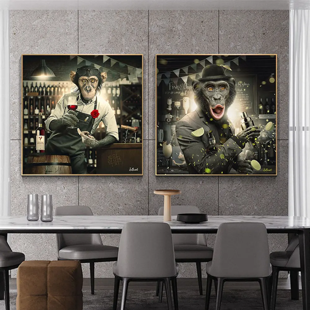 Griffiti Art Canvas Animal And Modern Painting Monkey Posters Prints Wall Drinking Red Wine At The Bar Pictures For Room Decor