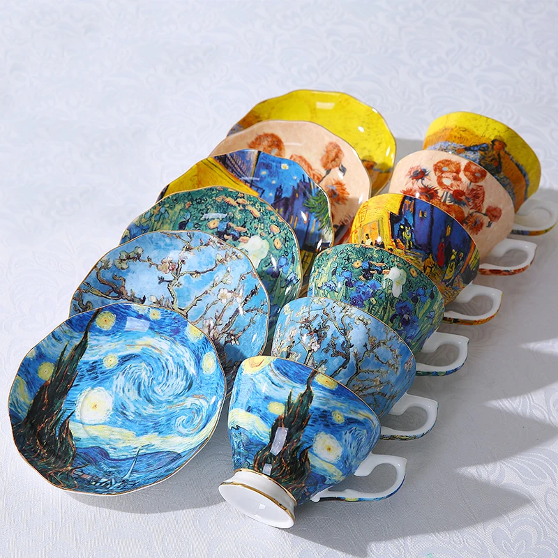 6-Set Van Gogh Coffee Cup-Saucer-Spoon Set With Iron-Frame Bone China Ceramic Mugs Thermal Tea Water Bottle Best Christmas Gift