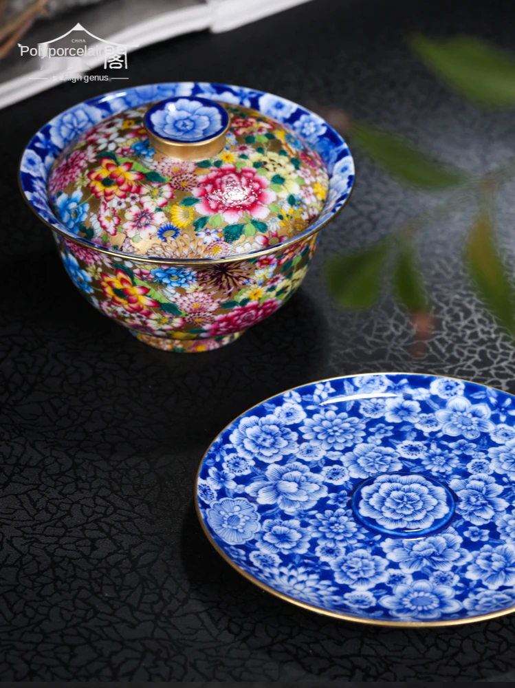 GY Jingdezhen Blue and White Porcelain Hand Painted Enamel Pink Wanhua Tureen Tea Ceremony Tea Brewing Bowl Kung Fu Tea Set