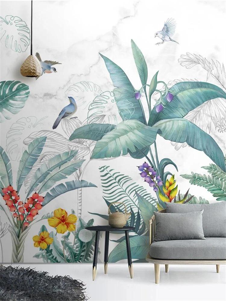 personalizado-mural-papel-de-pared-3d-papel-de-parede-nordico-pintado-a-mao-pequenas-plantas-tropicais-frescas-flores-e-passaros-fundo-mural-da-parede