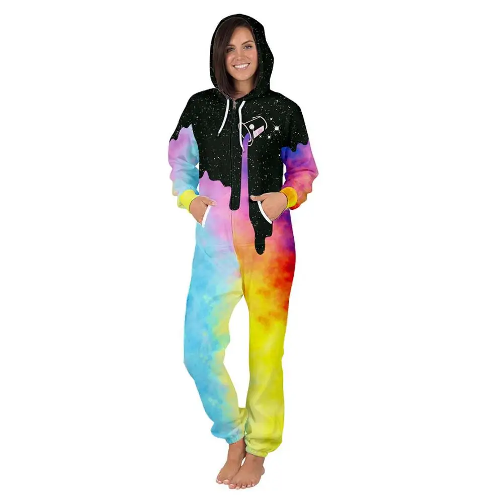 Kobiety jesień kombinezon Onesie z kapturem dla dorosłych 3D drukuj z długim rękawem Zipper Playsuit body piżama Plus rozmiar bielizna nocna