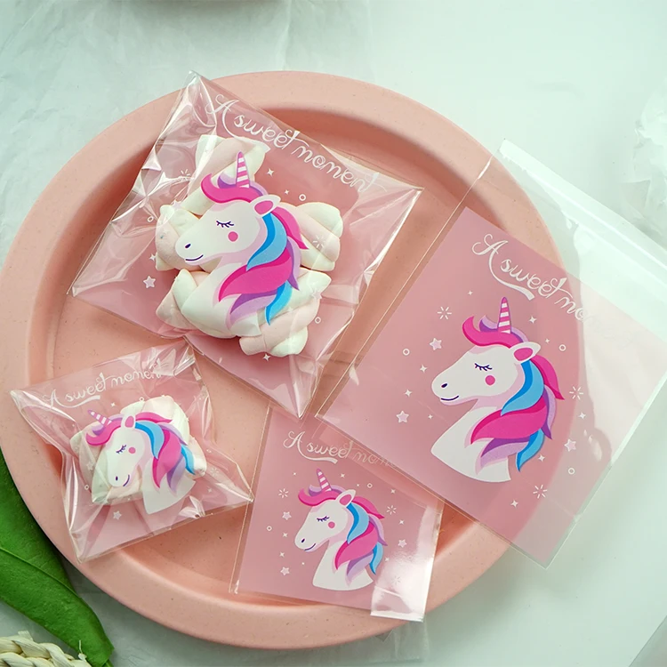 100pcs Pink Unicorn Plastic Self Adhesive Bags Cookie Biscuits Candy Packaging Bag Wedding Birthday Party Supplies 7x7 10x10cm