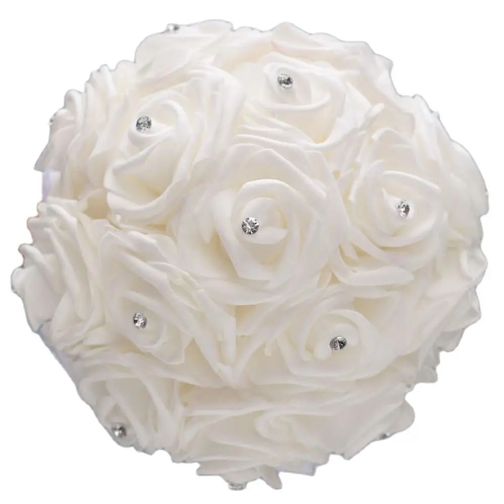 In Voorraad Pure White Diamond Lint Boeket Pe Bloem Schuim Bruidsboeket Ivory Cream Pe Rose De Mariage Wedding BouquetsW2018