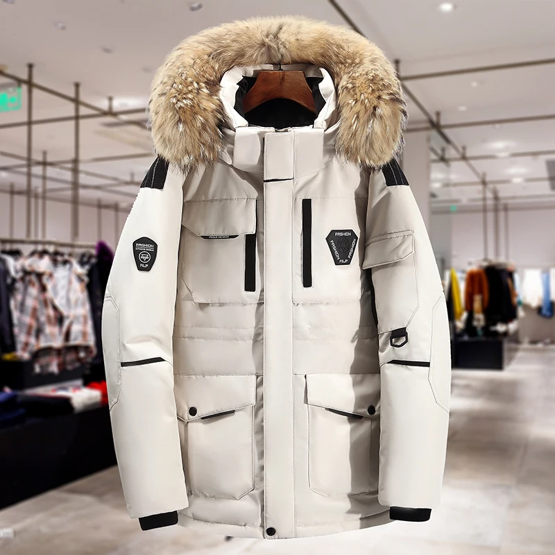 Chaqueta de plumón de pato blanco para hombre, abrigo cálido de alta calidad con cuello de piel, Parka larga gruesa a prueba de viento, chaqueta de nieve blanca