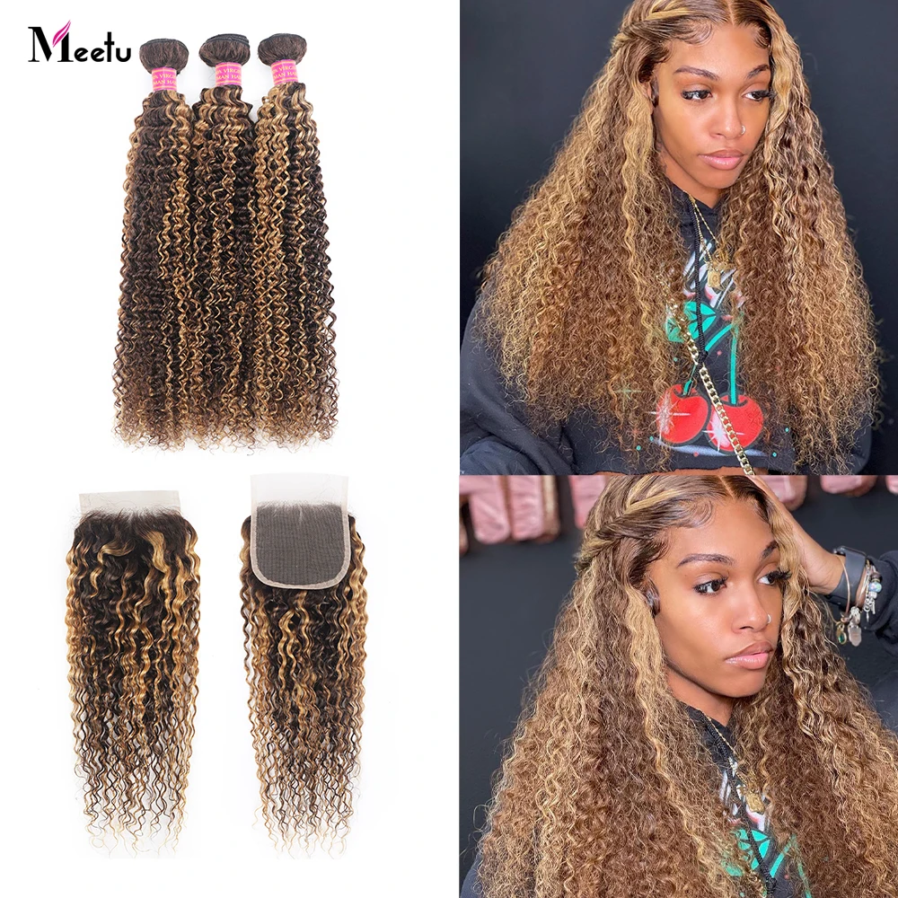 Meetu Curly 5X5 Closure With Bundles P4 27 Highlight Kinky Curly Bundles With Closure 100% Remy Human Hair Bundles With Closure