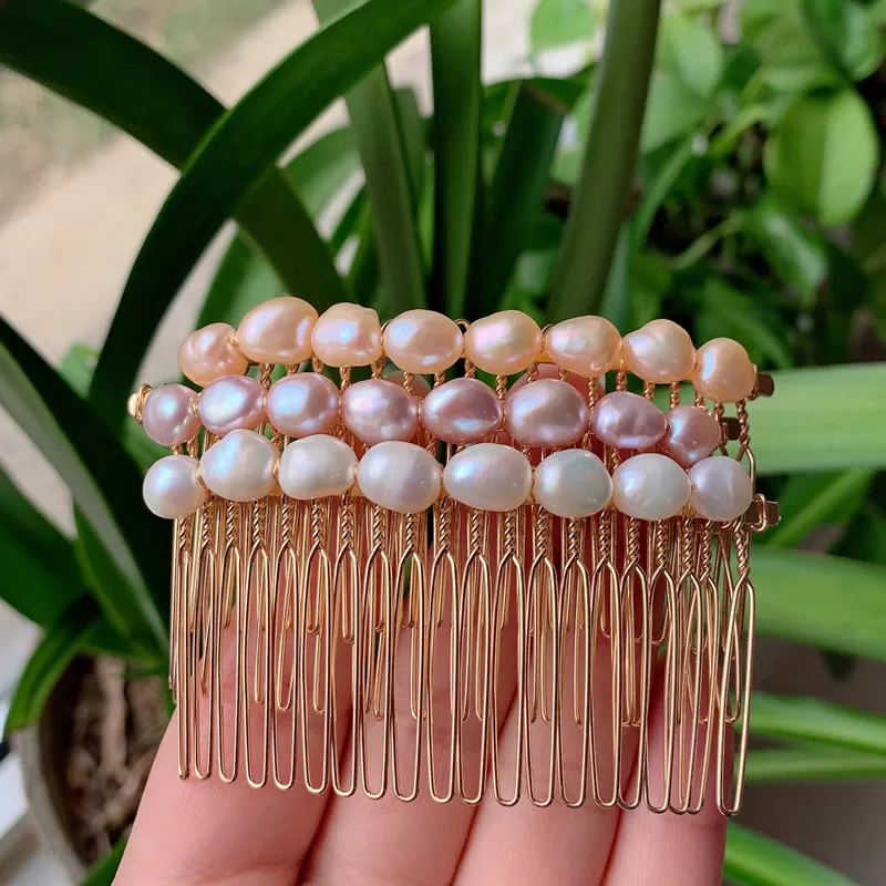 Elegante joyería para el cabello de perlas naturales de agua dulce, accesorios para el cabello nupciales de boda, peines de perlas barrocas de color blanco púrpura, Clip francés