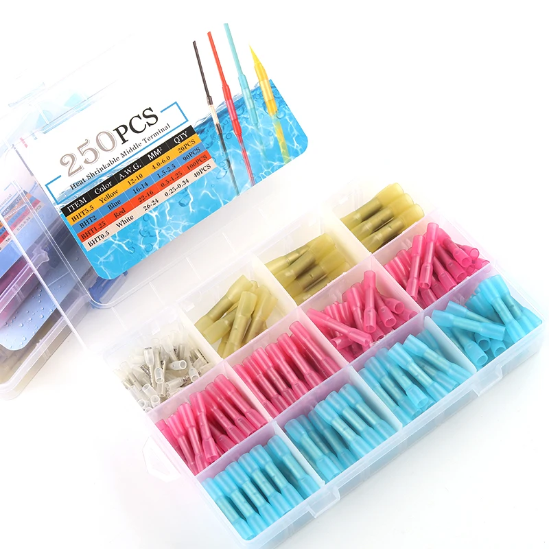 

50/100/250pcs Boxed Heat Shrink Butt Wire Connectors Splice Kit Waterproof Insulated Automobile Wire Cable Terminals