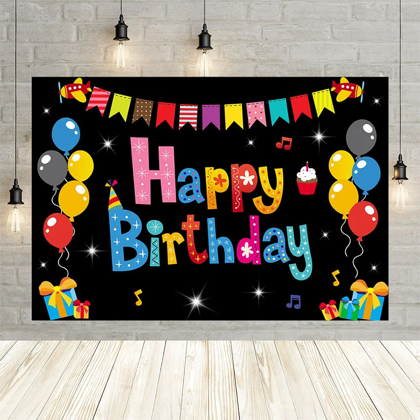 Avezano Birthday Party Backdrop For Girls Boys Colorful Balloons Flag Gift Black Background Photo Shoot Studio Decoration Banner