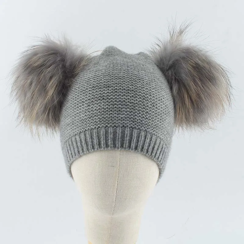 Winter Wool Hat For Kids Baby Double Pompones Skullies Beanies Real Fur Pompom Hat Boy Girls Warm Knitted Beanie Cap