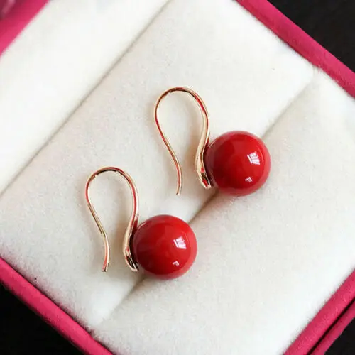 10mm Genuine Coral Red Sea Shell Pearl  Gold Plated Hook Dangle Earrings