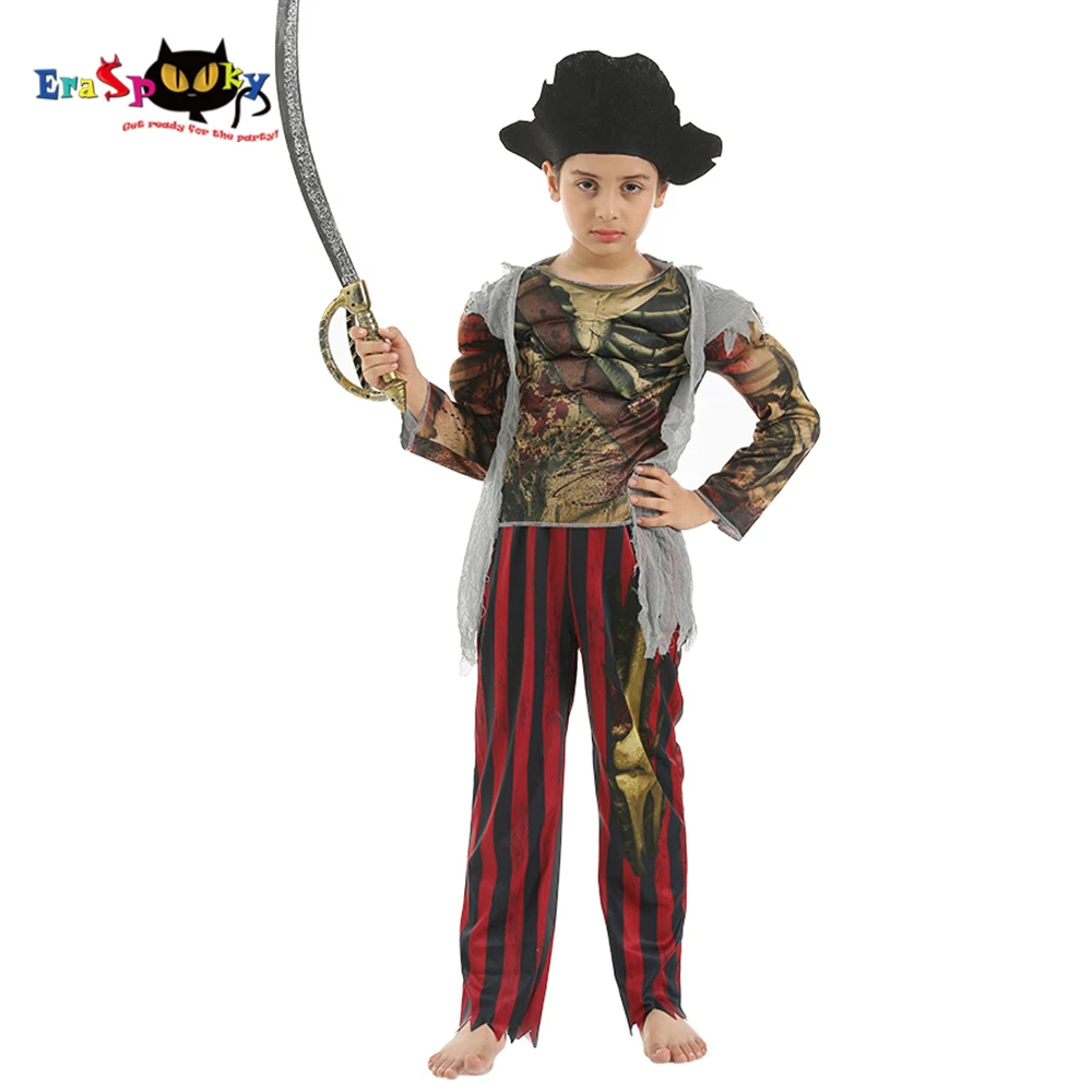 Eraspooky Scary Skeleton Caribbean Pirate Cosplay Boys Halloween Costume Party Fancy Dress Pirates Hat