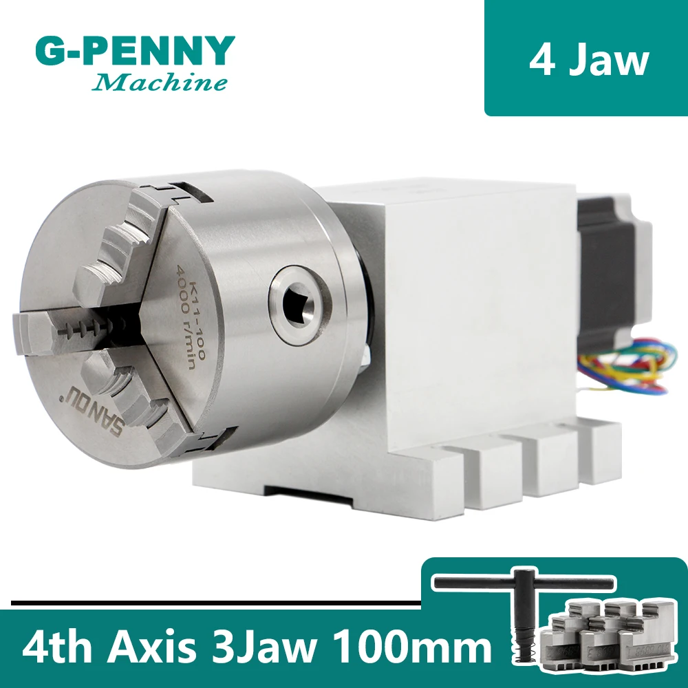 

3 Jaw 100mm CNC 4th Axis CNC dividing head Rotation A axis Nema23 stepping motor with Gapless harmonic gearbox reducer