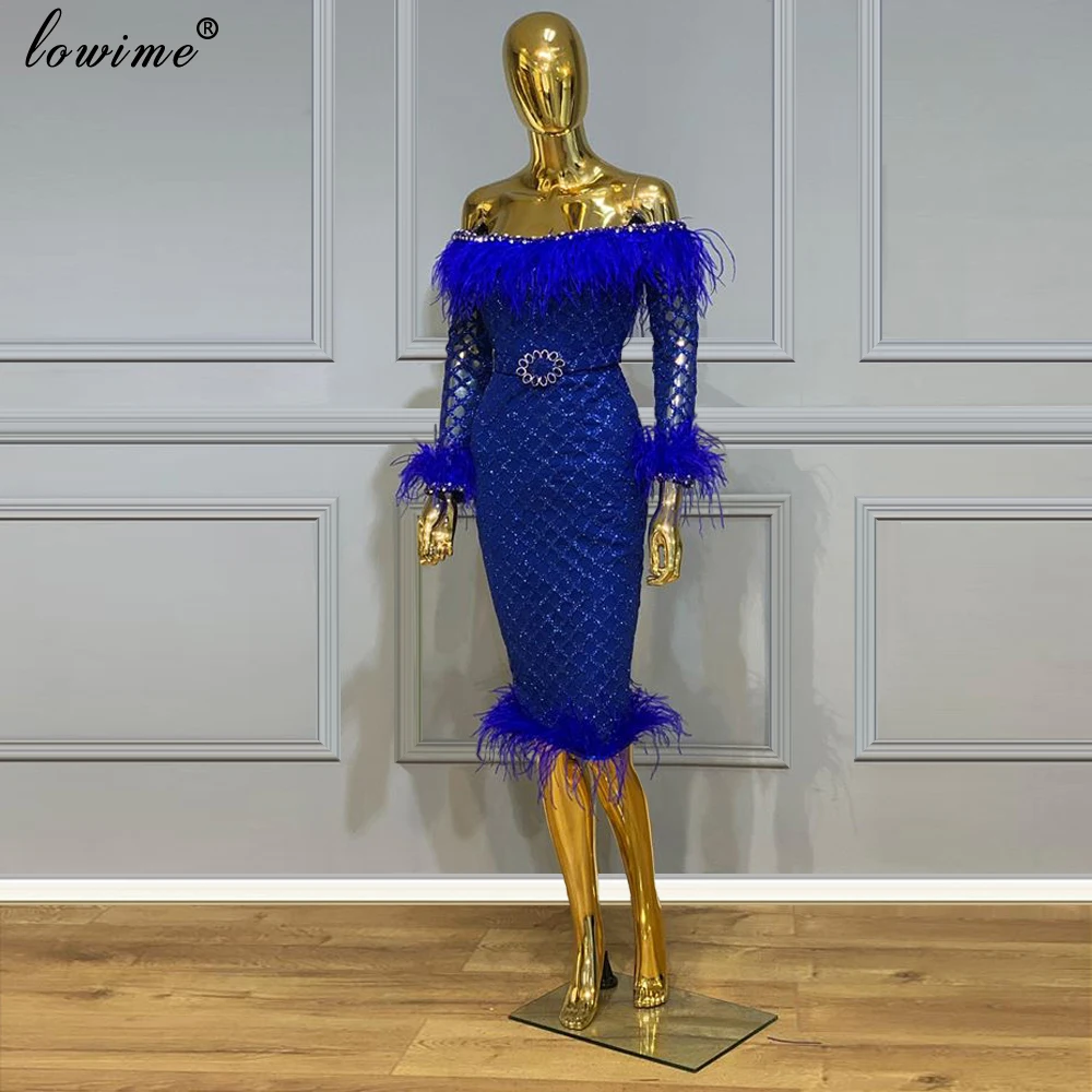 ROYAL BLUE เข่าความยาวค็อกเทล Mermaid Sparkly ผู้หญิง Dresses 2020 ตุรกี Couture ขน PARTY ชุด Vestidos