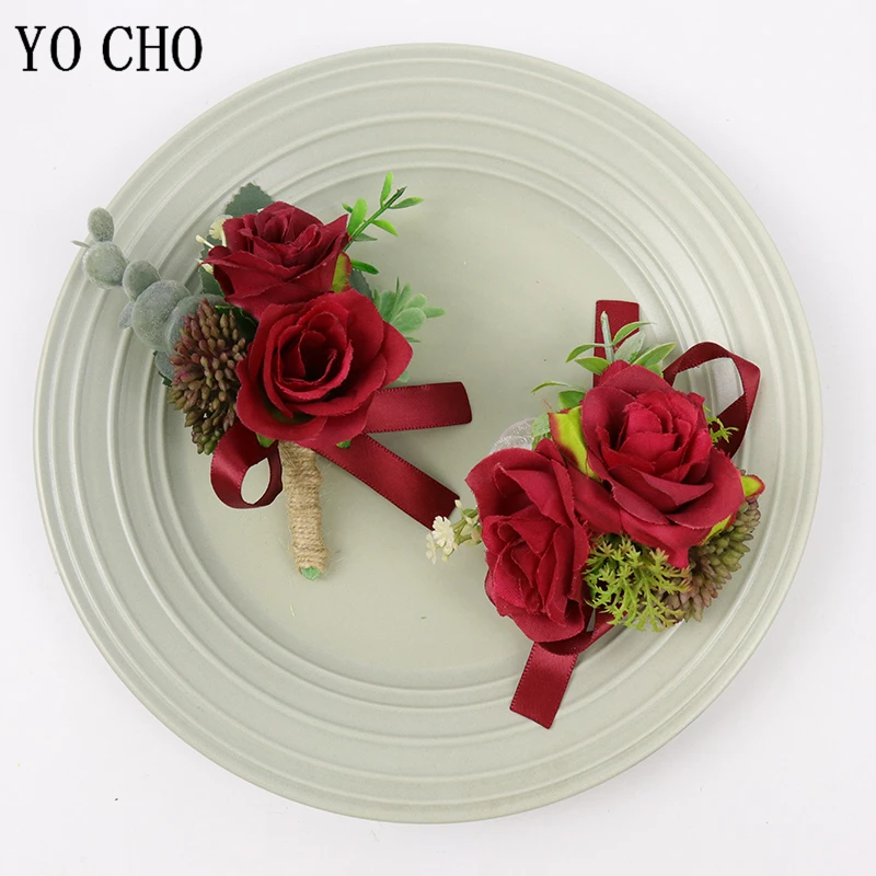 YO CHO-Boutonniere rojo para dama de honor, Corsages de muñeca de seda de alta calidad, rosa, flor, niña, ramillete de graduación, flores artificiales Rojas