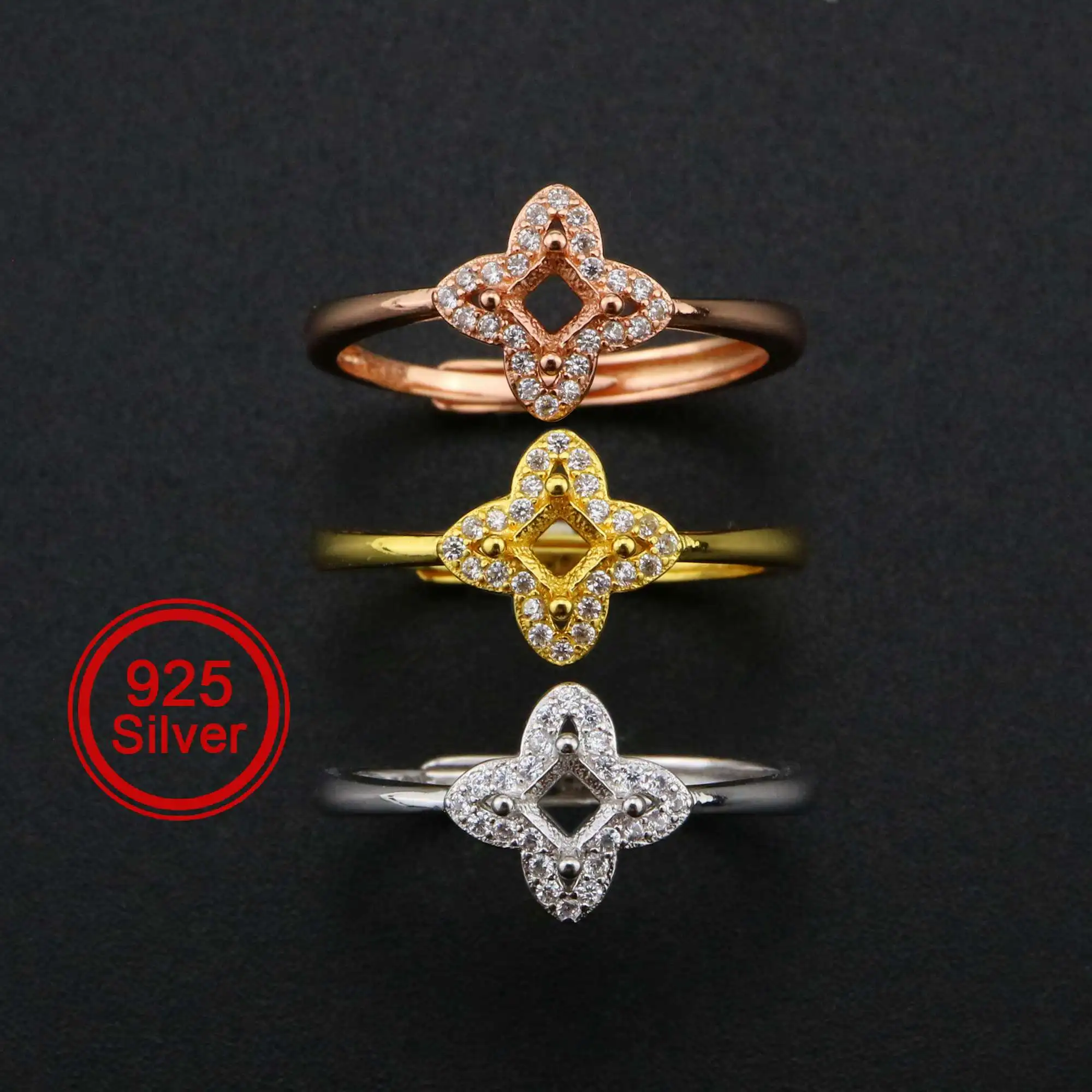 

3MM Square Flower Prong Ring Settings Solid 925 Sterling Silver Rose Gold Plated DIY Adjustable Ring Bezel for Gemstone 1294218