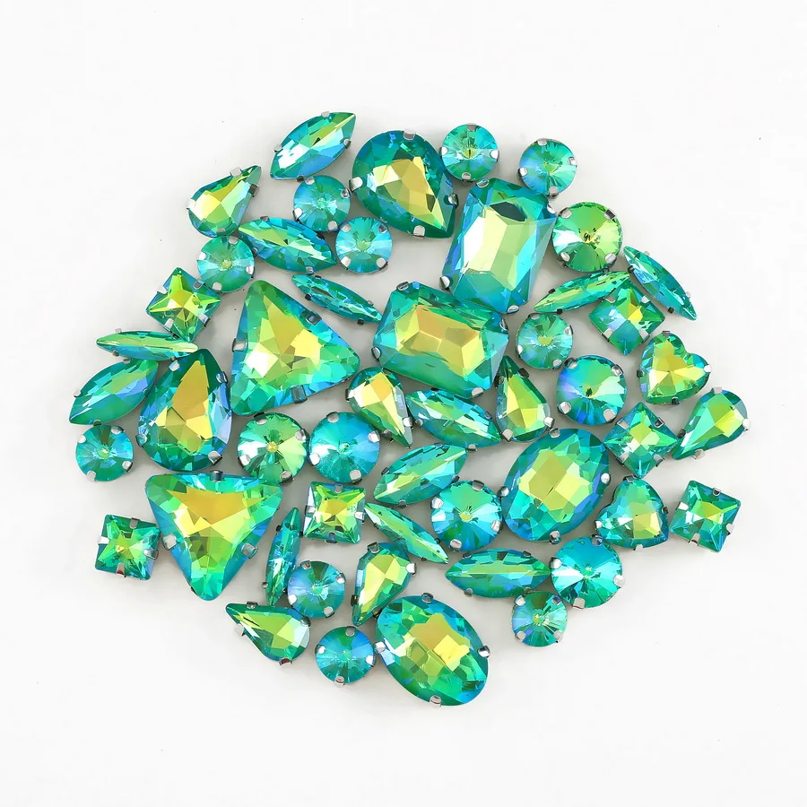 Silberne Krallenfassungen, 50 Stück/Beutel, verschiedene Formen, Regenbogen & Jelly Candy AB Glaskristalle zum Aufnähen, Strass für Hochzeitskleider, Schuhe, Taschen, DIY – Detail 10