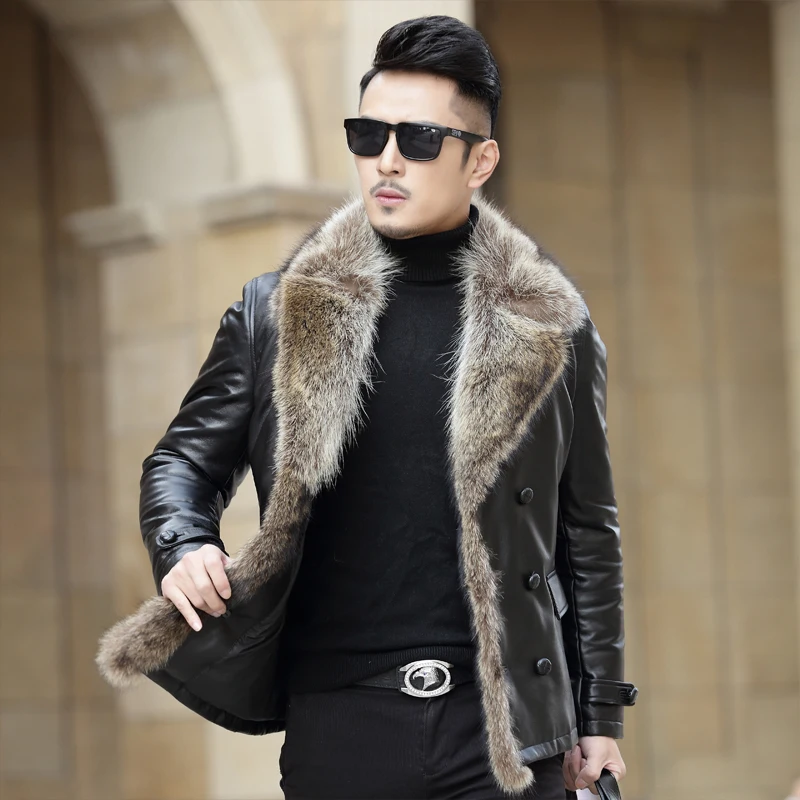 

Men's Leather Jacket Short Winter Genuine Leather Sheepskin Coat for men Real Raccoon Fur Collar F-598 KJ1434