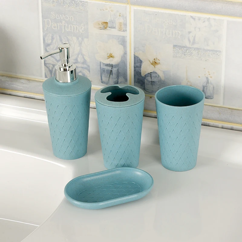 4Pcs/Set Bathroom Accessories Set Wheat straw Inlcude Toothbrush Holder Set Tumbler Soap Dish Soap Dispenser