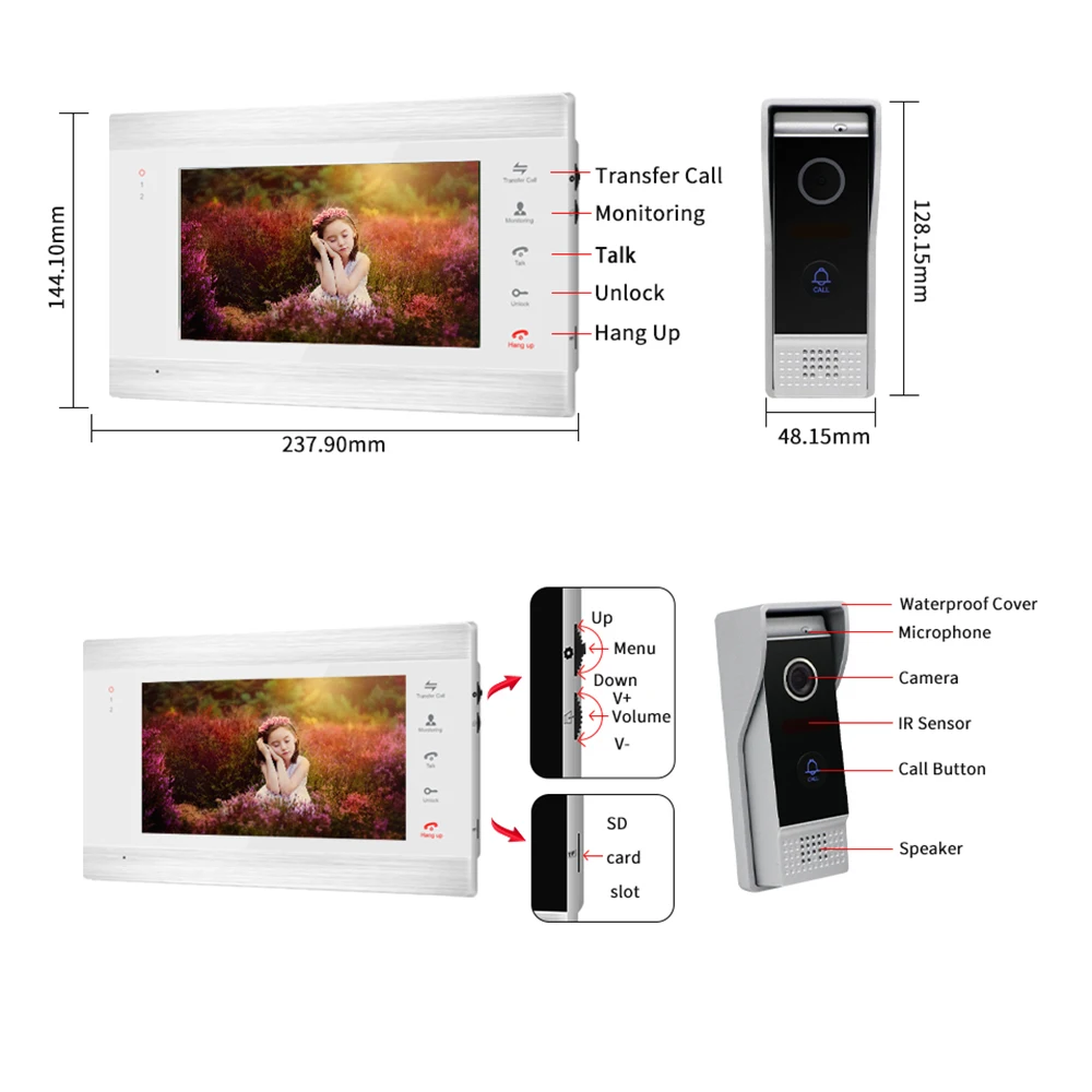 Joytimer Home Video Deurbel 7 Inch Video Intercom 1200TVL Video Deur Telefoon Met Bewegingsdetectie Nachtzicht Camera